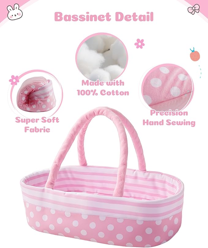 JIZHI 8 Pcs Reborn Baby Doll Clothes Set with Bassinet for 17-22 Inch Dolls, Baby Dolls Clothes and Doll Accessories Set fit Newborn Baby Doll Girl, Pink