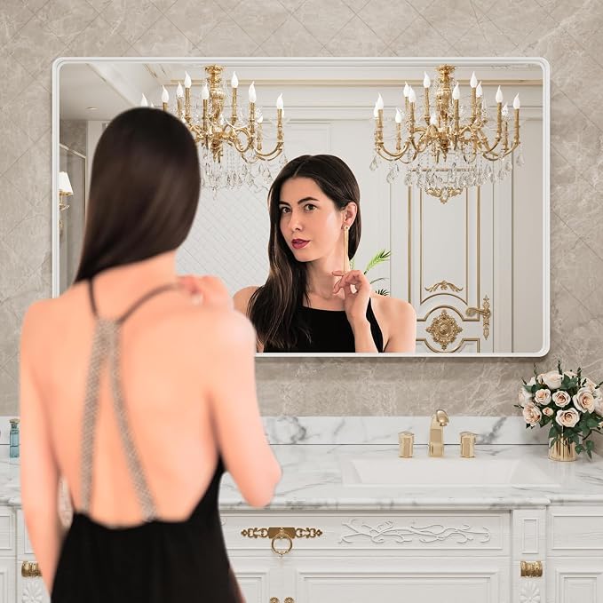 LOAAO White Metal Framed Bathroom Mirror, 50x30 Inch | Rounded Rectangle, Anti-Rust, Tempered Glass, Hangs Horizontally or Vertically