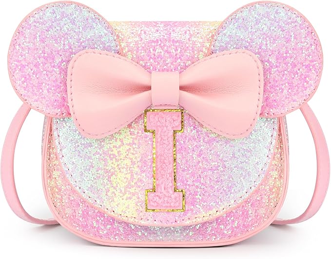 mibasies Toddler Purse Girl Gifts: Girls Birthday Gifts for 3-8 - Toys for Ages 2-4 Girls Mouse Ears Purse, Glitter Rainbow, Letter I