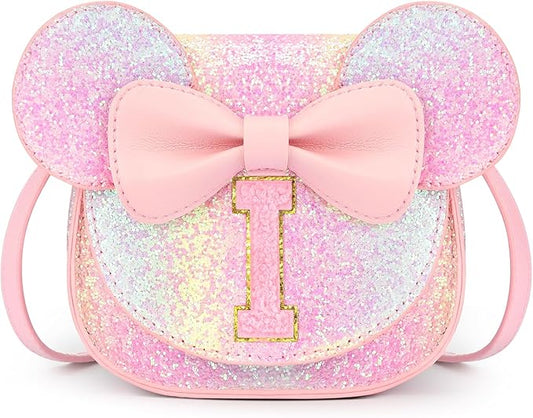 mibasies Toddler Purse Girl Gifts: Girls Birthday Gifts for 3-8 - Toys for Ages 2-4 Girls Mouse Ears Purse, Glitter Rainbow, Letter I