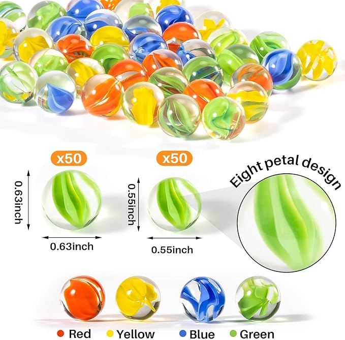 Sukh Glass Marbles - Bulk 100Pcs Cat Eye Mix 4 Colors Medium Sized Thick Marble Decorative Gift Retro Game with 14mm and 16mm for Bounce,Chinese Checkers Board Game,Vases,Party Decor