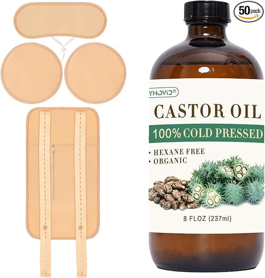 5 Pcs Castor Oil Pack Wrap, Castor Oil Organic Cold Pressed Unrefined Glass Bottle, Caster Oil Wrap for Stomach, Neck, Knee, Foot & Entire Body, Organic Cotton Reusable Pads Kit for Hot/Cold Compress