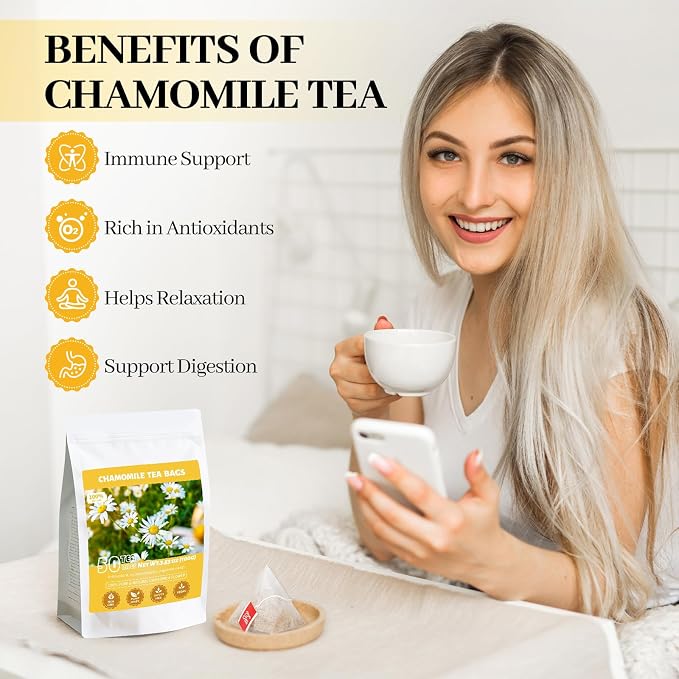 Chamomile Tea Bags, 100% Natural Dried Chamomile Tea Flowers Loose Leaf Premium Herbal Tea No Sugar/Gluten, Caffeine Free-50 Count (Pack of 1)