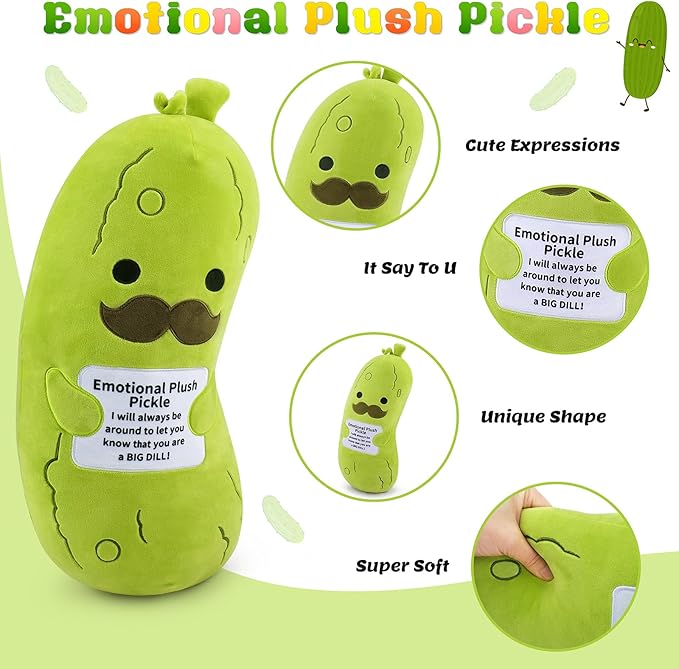 Emotional Plush Pickle-20” Pickle Stuffed Animal,Food Plushies Cucumber Stuffed Animal with Positive Warm Words,Kawaii Plush Toy Kids Birthday Gifts,Soft Vegetable Lover Plushie Pillow