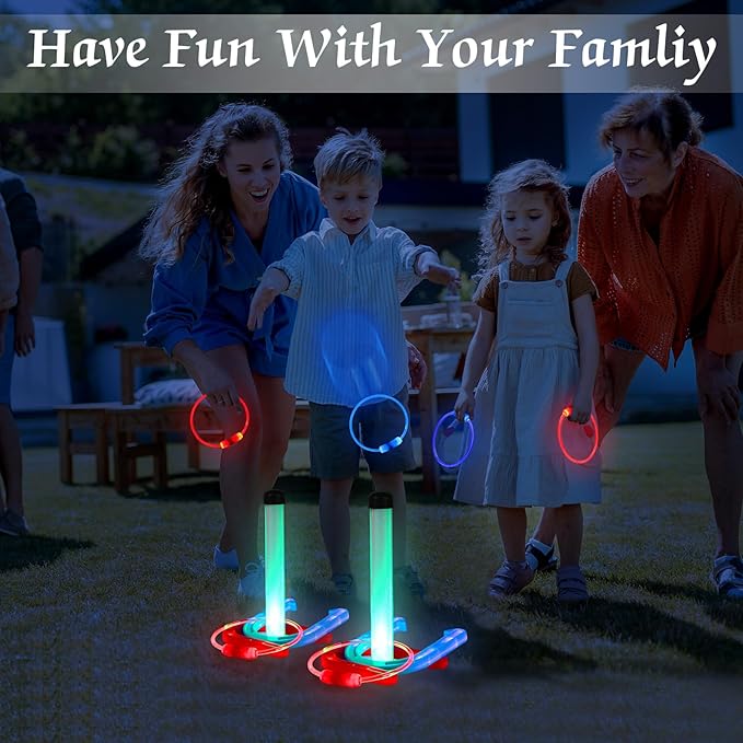 Blueweenly LED Ring Toss Game for Adults and Family, 12 Pcs, Red, Blue, Green LED Horseshoes and Hoop Rings, Outdoor Yard Games