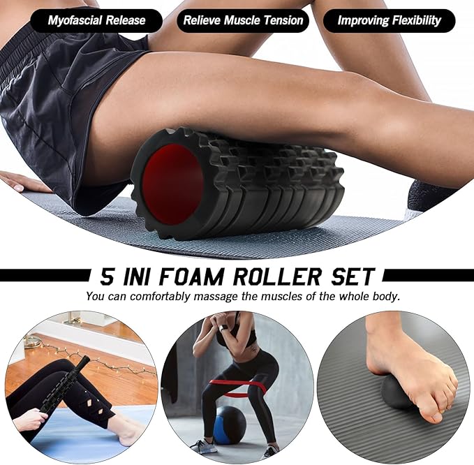 JOYENERGY 5 in 1 Foam Roller Set High Density Foam Roller Patented, Massage Stick, Massage Ball, Resistance Band for Deep Muscle Massage Pilates Yoga, Fitness for Trigger Point Release