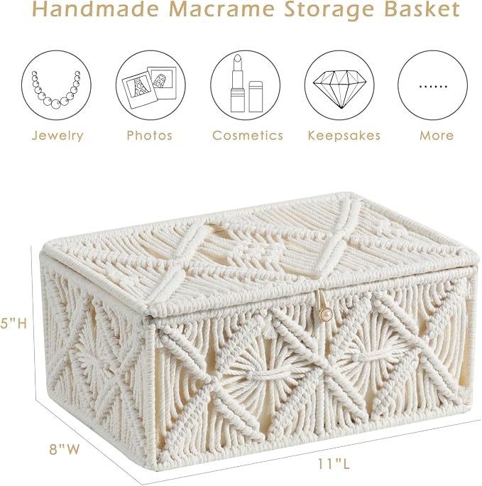 Decorative Boho Storage Baskets with Lid Natural Macrame Boxes | Handmade Cotton Rope Woven Bins, Shelf Desk Organizer Container for Jewelry Memory Keepsake Photo Makeup, Off White, Large