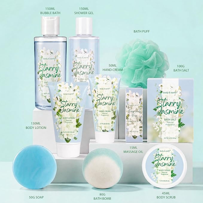 Body & Earth Gift Baskets for Women 11PCS Jasmine Spa Gift Sets for Her, Self Care Kit with Bubble Bath, Shower Gel, Lotion Set, Christmas Gifts for Mom