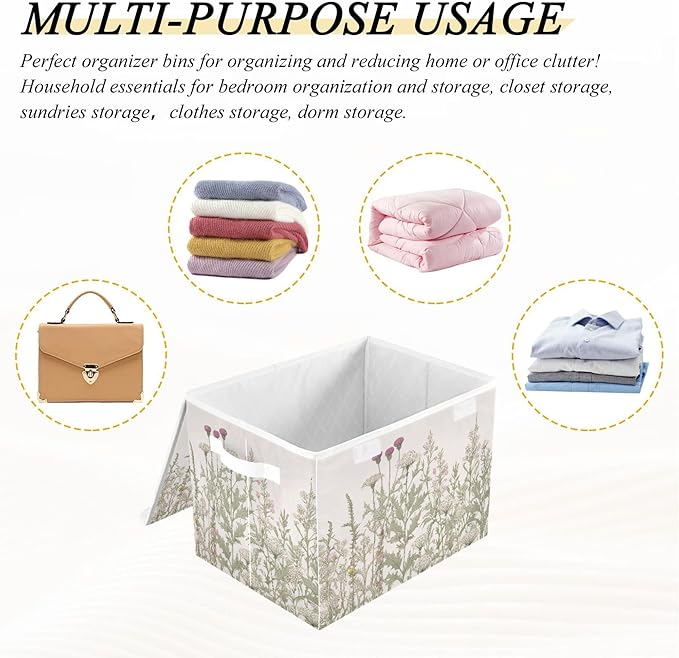 Vintage Colorful Herbs and Wild Flowers Floral Storage Bins with Lids and Carrying Handle,Foldable Storage Boxes Organizer Containers Baskets Cube with Cover for Home Bedroom Closet Office