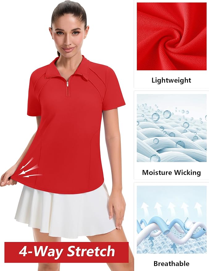 LOMON Womens Golf Polo Shirt Summer Short Sleeve Quarter Zip Outfit | Side-Pockets,Princess Seams,Cotton,Wrinkle Free,Moisture Wicking,Quick-Dry,Lightweight,Collared,for Tennis Workout