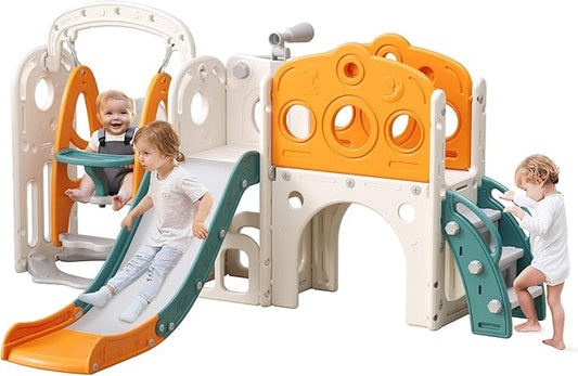 Toddler Slide and Swing Set for 1-3, 9 in 1 Kids Indoor Outdoor Playset, Baby Playground with Basketball Hoop, Telescope
