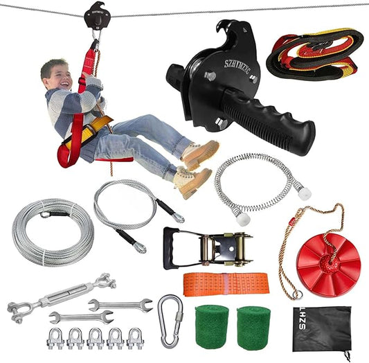 110/130/150/180ft Zipline Kit for Kids and Adults 350Lbs Backyard, Zip Line Stainless Steel Spring Brake, Adjustable Seat, Dual Tightening, Easy Installation Outdoor Adventure Equipment