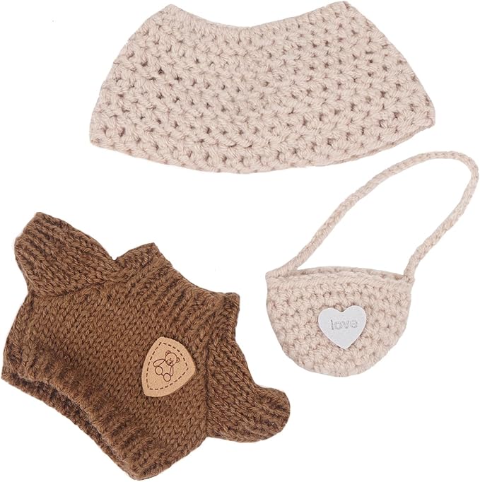 3-Piece Set 17cm Doll Clothes,Beige Knit Set,Light Brown Heart-Crossbody Bags + Light Brown Hat+Brown Knitted T-Shirt,Outfit Set for 17cm Dolls Knit with Warm Tones and Handmade Charm(NO Doll)