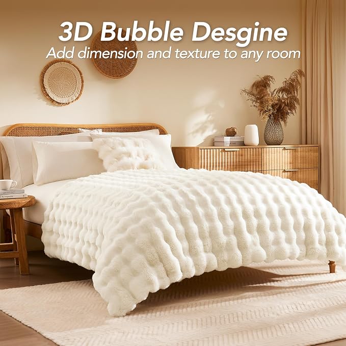 L'AGRATY Faux Rabbit Fur Throw Blanket for Couch, 50'' x 60'', Cream White | Soft Cozy Bubble Fluffy Blanket for Sofa Bed, Thick Warm Plush Fuzzy Throw for Room Home Decor, Luxury Gift for Women Mom