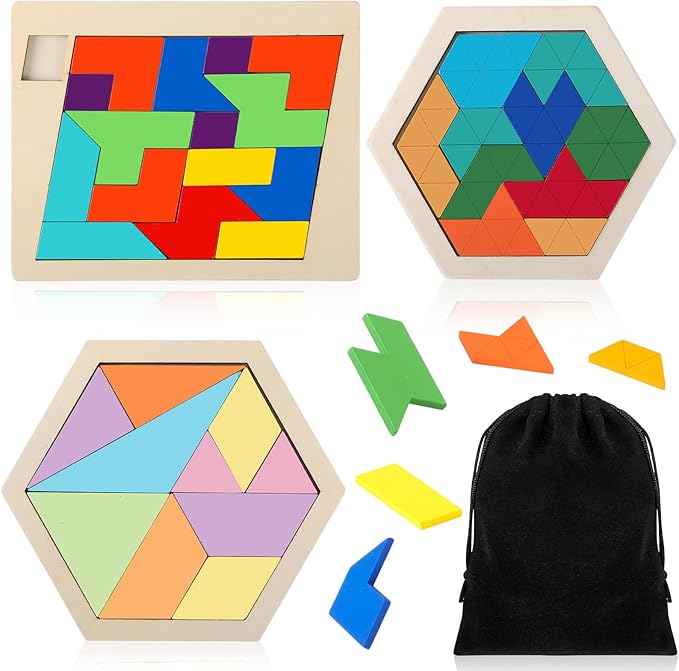 Yunsailing 3 Pack Hexagon Tangram Puzzle Wooden Brain Puzzles with Storage Bag Challenge Wood Russian Blocks Brain Teasers Geometric Jigsaw Block Logic Iq Stem for Family Party Gift