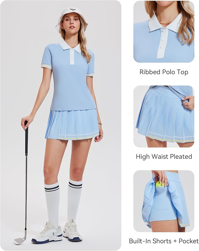 Mudere Golf Outfits for Women Tennis Skirt Set Polo Top Pleated Skort | Ribbed Short Sleeves, Built-In Shorts, Side Pocket, Nylon Spandex Blend, Pickleball Running Dress, Versatile Athletic Wear