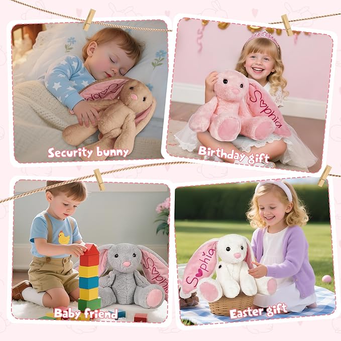 Personalized Bunny Plush Stuffed Animal with Embroideried Name Custom Toddler Stuffed Rabbit Doll Kids Bunny Plush Toys Personalized Baby Girls Boys Newborn Gifts for First Birthday Easter
