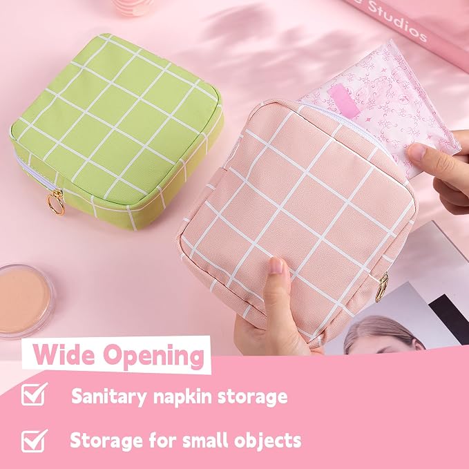 Period Bag Pouch Soft Cloth Sanitary Napkin Storage Bag Portable Menstrual Pad Pouches Tampon Holder for Purse First Period Kit for Girls 9-12 (Red-Blue Check)