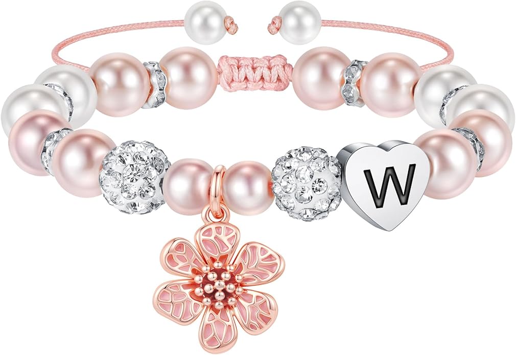MONOOC Valentines Gifts for Kids Girls - Initial Flower Charm Bracelets for Girls, Adjustable Pearl and Rhinestone Beaded Bracelet Heart Initial Bracelets Jewelry for Flower Girl Gift Birthday Gifts