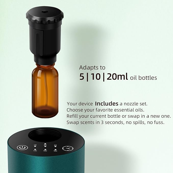 Waterless Essential Oil Diffuser Aromatherapy Scent Diffusers for Home Large Room, Bedroom, Car, Office, Desk, Battery Operated Mini Portable Air Freshener, 3 Countdown Timers & 3 Mist Levels, Green