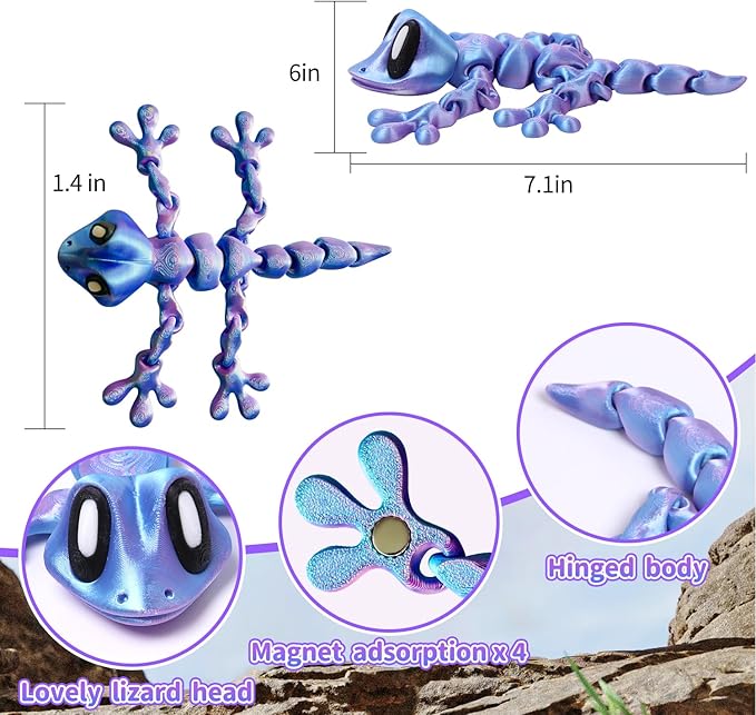 3D Printed Articulated Lizard, Flexible Dynamic Animals Toys, Full Articulated Toy with Magnets, Adults Fidget Toys for Autism ADHD, Home Office Decor, Festival Gifts (Blue Purple)