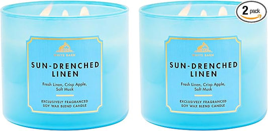 Bath & Body Works Sun-Drenched Linen 3-Wick Candle - Scented Candle for At-Home Use - Long-Lasting, Room-Filling Fragrance - High Fragrance Oil Concentration - Soy Wax Blend - 2-Pack