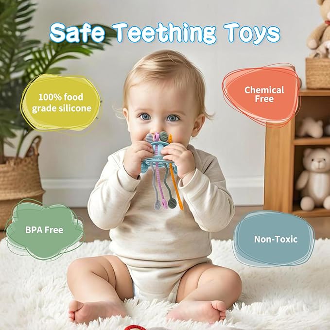 Food Grade Silicone Pull String Baby Toy, Montessori Pull String Sensory Toy for 18 Months Babies Teething Toys (Blue)