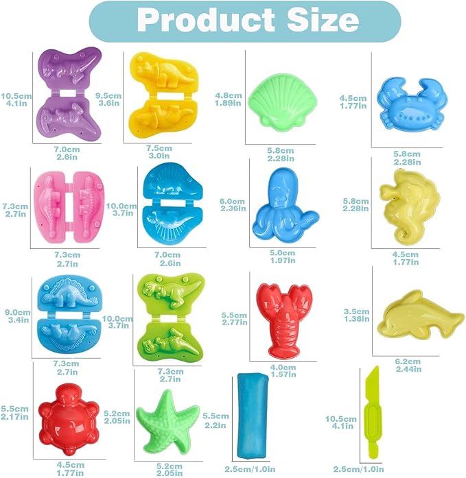 Unleash Creativity with 14 Unique Dino and 0cean Molds Dough Toys Dough Accessories Set Whit 10 Dough.Ideal as a Gift for Kids Aged 3-4-8 Years