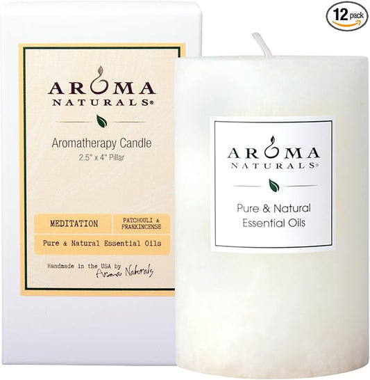 Aroma Naturals Patchouli and Frankincense Essential Oil White Scented Pillar Candle, Meditation, 2.5 inch x 4 inch (Pack of 12)