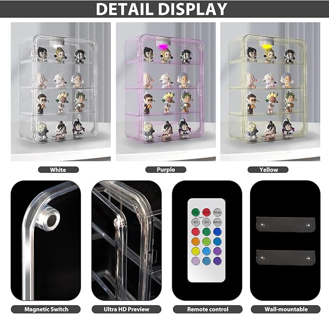Clear Acrylic Display Case with Light, 4 Tiers Clear Display Case for Figures, Acrylic Storage Organizers Box with Magnetic Door, Wall-Mounted Dustproof Showcase for Collectibles Action Figure