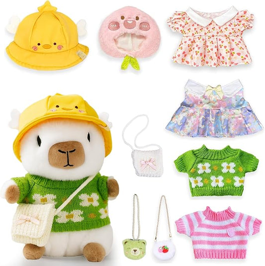 10.2" White Capybara Plush with 9 Pcs of Clothing and Accessories Super Soft Capybara Stuffed Animal Capybara Plush Toy is Suitable for Kids, Girls and Boys
