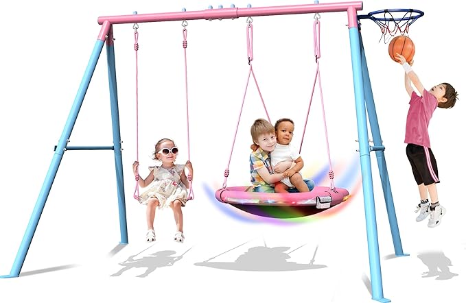 3-in-1 Heavy Duty Metal Swing Set for Backyard, 440 lbs Capacity Outdoor Playset with 32" Saucer Swing & 19" Belt Swing - Kids & Adults Play Equipment Ages 3-8