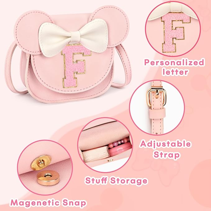 mibasies Toddler Purse Girl Gifts: Girls Birthday Gifts for 3-8 - Toys for Ages 2-4 Girls Mouse Ears Purse, Pink, Letter F