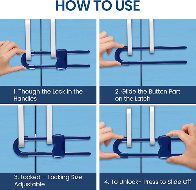 Jetec 10 Pack Baby Cabinet Locks, No Adhesive No Drill Child Safety Locks for Cabinets with Knobs or Handles, Adjustable U-Shaped Child Proof Latches for Cupboards, Fridge, Closet, Pets(Blue)