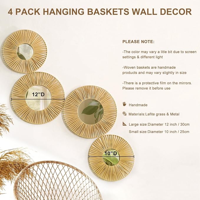 Artilady Hanging Baskets Wall Art with Mirror, 4Pcs Boho Wicker Wall Decor | Woven Wicker Basket, Farmhouse Rustic Jute, Bedroom Living Room Nursery Home Decor
