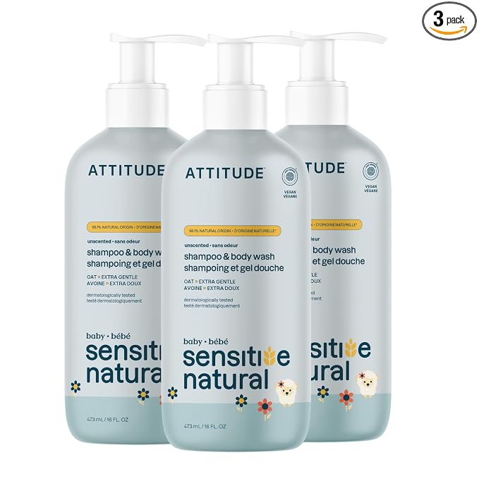 ATTITUDE Baby 2-in-1 Shampoo and Body Wash, EWG Verified, Plant- and Mineral-Based Ingredients, Vegan Products for Sensitive Skin, Unscented, 16 Fl Oz (Pack of 3)