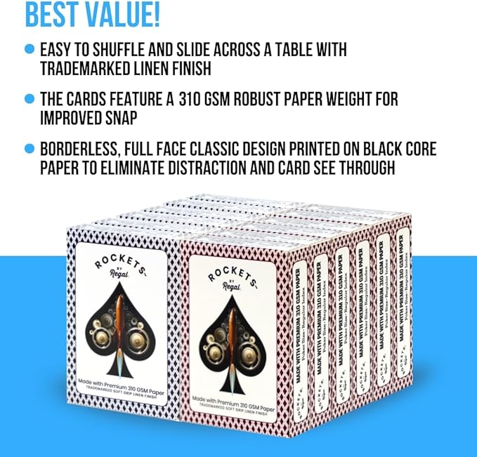 Regal Games Rockets Bulk Playing Cards Set for Adults & Professionals - 12 Standard Decks, 310 GSM Linen Finish - Poker Cards for Blackjack, Euchre, Canasta - Casino Grade, Travel & Game Night Cards