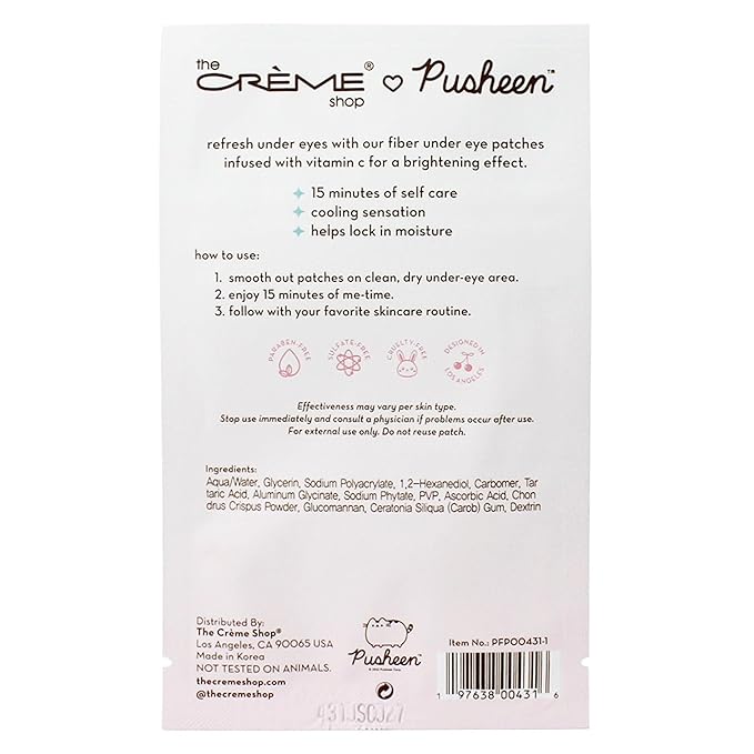 The Crème Shop X PUSHEEN KLEAN BEAUTY™ Fiber Under Eye Patches | Vitamin C Infused | Cooling & Moisturizing | Set of 3 Pairs | Vegan & Cruelty-Free (Set of 3)