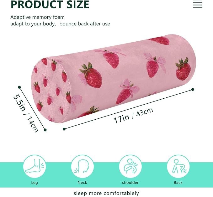 Red Strawberry Bows Neck Roll Pillow Bolster Round Health Memory Foam Long Cervical Cylinder Pillows with Removable Washable Cover for Body Bed Legs Back Yoga