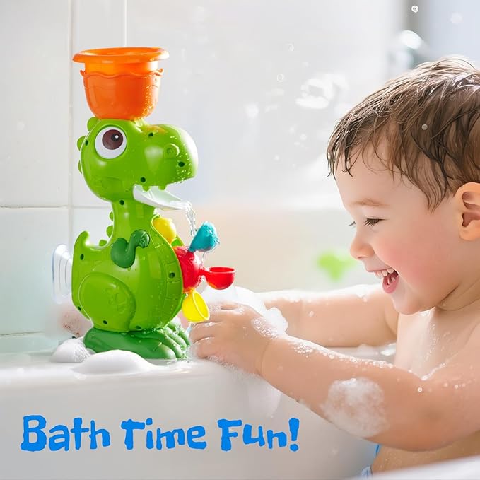 Dinosaur Bath Toys for Kids Ages 1-3, Baby Bath Toy with 4 Water Cups and Spinning Wheels, Fun Educational Bathtub Toy for Kids Age 2-4 Boys and Girls, Suction Cup Wall Mount