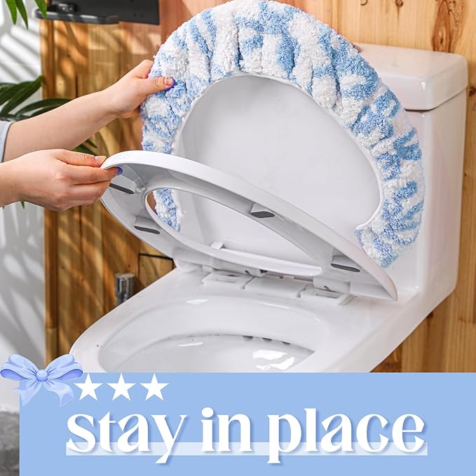 Blue Bow Toilet Lid Cover Washable Coquette Cute Plush Toilet Cover for Bathroom Decor Soft Microfiber 17.5 x 15 Inch Non Slip Rubber Backing Fits Most Round, Elongated