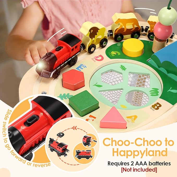 wingyz Activity Table for 1 Year Old Toddler, 9-in-1 Multi-Colorful Wooden Montessori Toys, Baby Play Table with Bead Maze Shape Sorter Train Toy, Educational Gifts for Kids Boys Girls