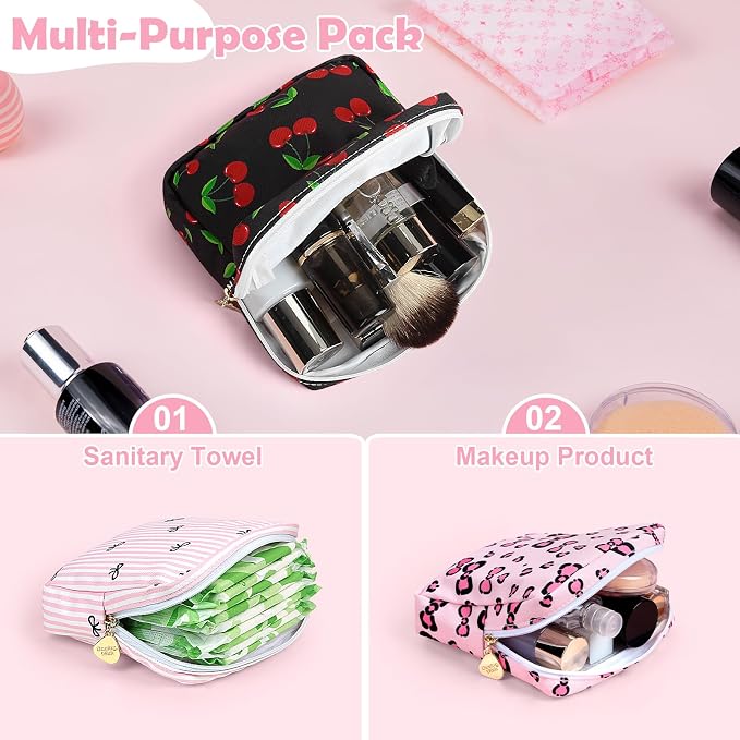 Sanitary Pad Storage Bag Portable Period Bag for Teen Pads/Sanitary Napkins/Small Tampons, Sanitary Napkin Storage Bag First Period Gifts for Teen Girls (Pink Plaid Bowknot)
