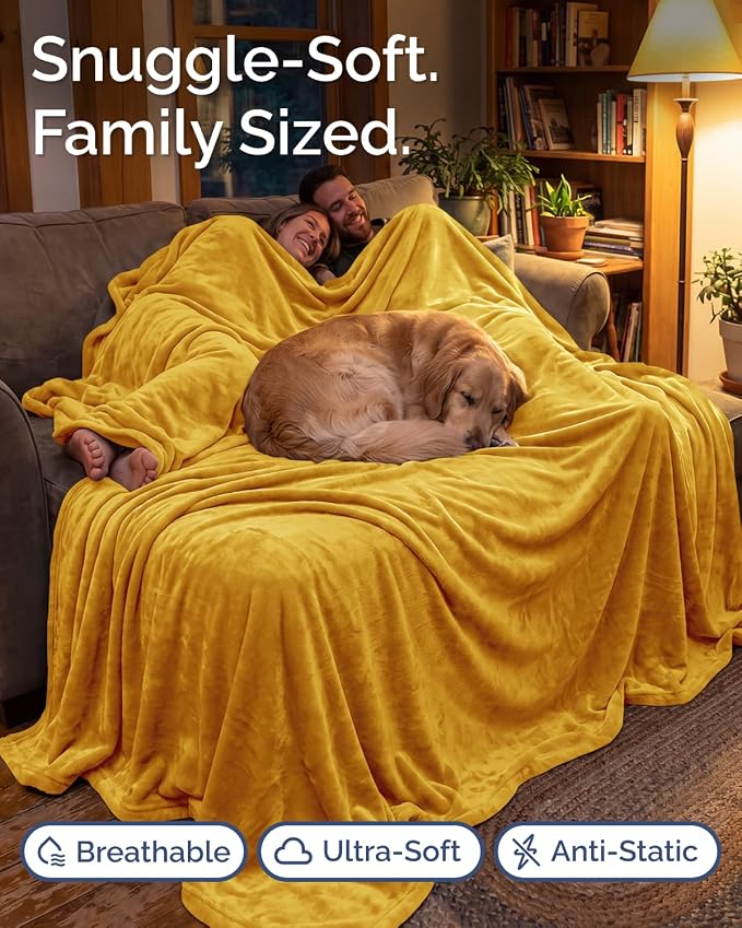 Ultra Soft Fleece Blanket Oversized King Size - Flannel Fleece Luxury Blanket - Lightweight for Couch Bed Chair - Thick, Warm and Breathable - All Season Cozy, Gold