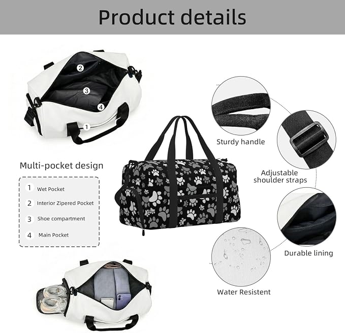 Fiokroo Sports Gym Bag Cute Dogs Paws Print Travel Duffel Bag For Men Women With Shoe Compartment Water Resistant Gym Bag Carry On Duffel Bag For Weekend Traveling Yoga Gym Sports