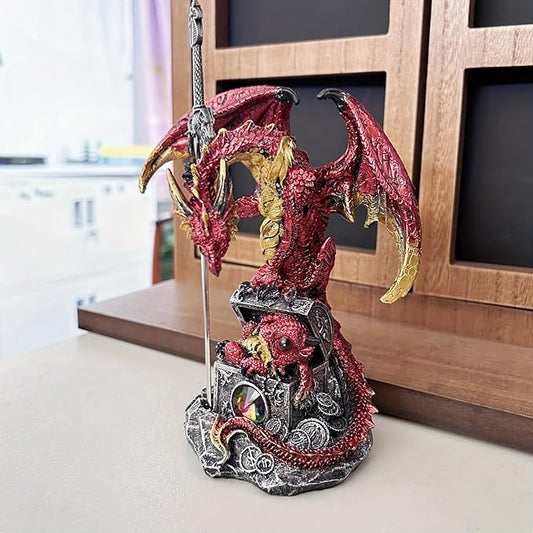 Dragon with Sword Collectible Statue Fantasy Figurine Resin Medieval Dungeons Creative Ornaments for Home,Shelf,Living Room Decor 7.68 Inches (Red)