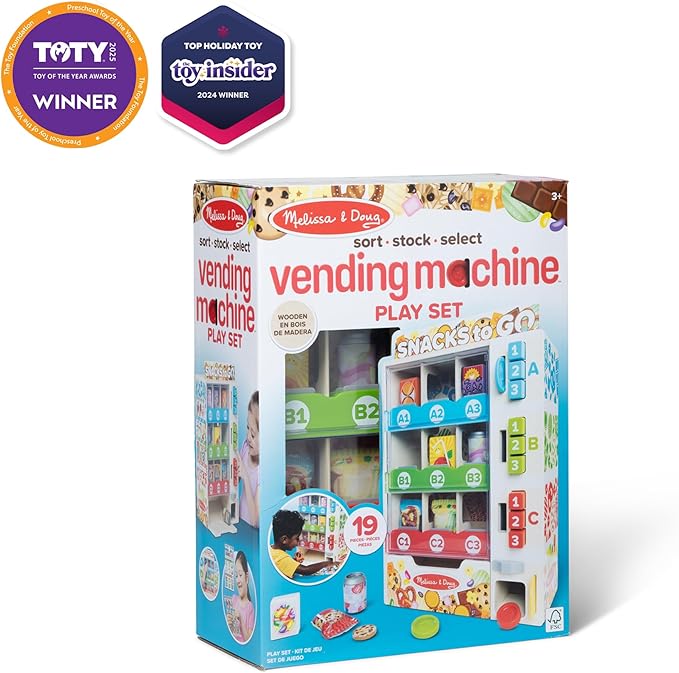 Melissa & Doug Sort-Stock-Select Wooden Vending Machine Toy with Play Food, Mini Vending Machine Toys & Play Money, Preschool Toys for Kids Ages 3+