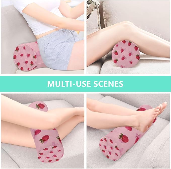 Red Strawberry Bows Neck Roll Pillow Bolster Round Health Memory Foam Long Cervical Cylinder Pillows with Removable Washable Cover for Body Bed Legs Back Yoga