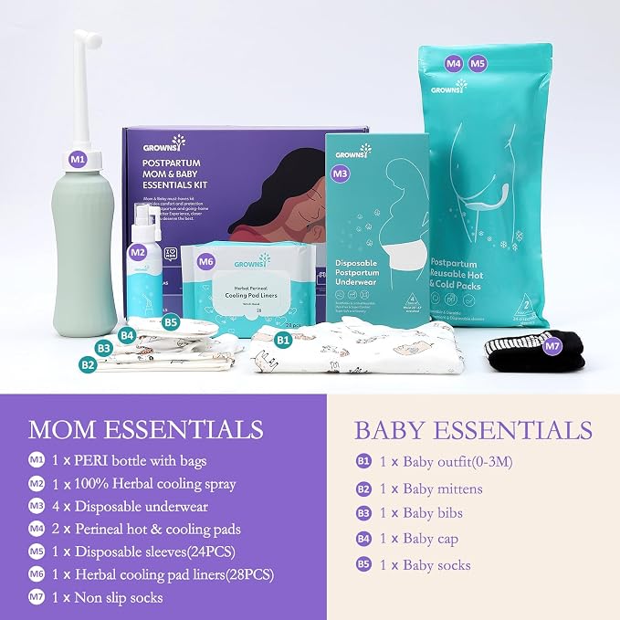 Grownsy 16pc Postpartum Essentials Recovery Kit | Postpartum Kit for Mom & Baby | Includes 4 Disposable Underwear, 2 Ice Packs, Peri Bottle, Perineal Spray, 28 Cooling Pad Liners