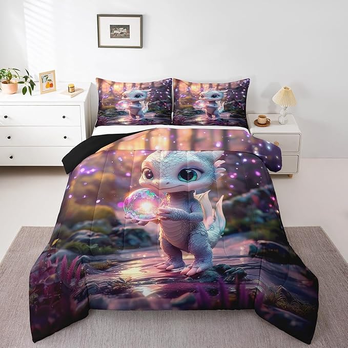 Feelyou Dragon Comforter Set Queen Size Cute Comforter for Boys Girls Teens Wild Life Bedding Set Dragon Decor Duvet Set Room Decor Pink Purple Quilt Set